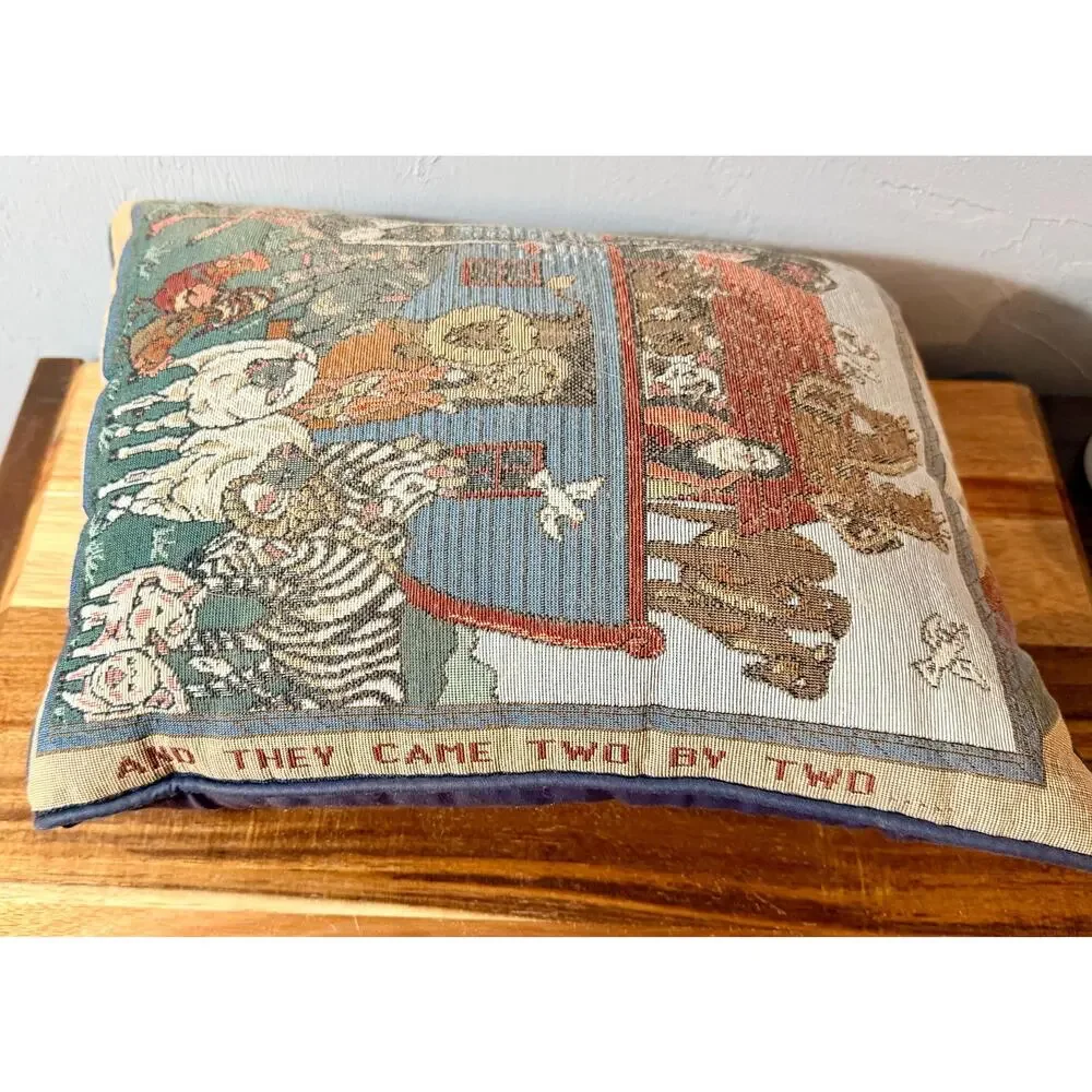 Vintage Noah's Ark Tapestry Pillow | Woven Animal Cushion, Folk Art Decor